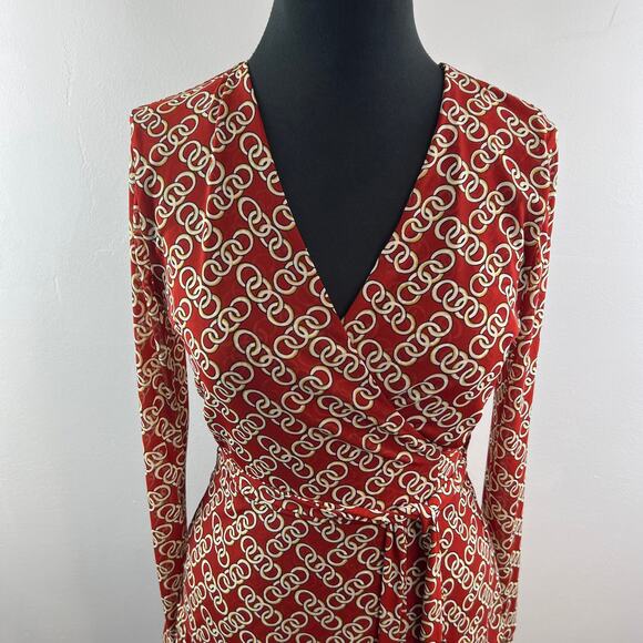 CABI Red White Top Stretch Signet Chain Ringleader Wrap Tie Plunge Neck Size XS - Picture 3 of 12